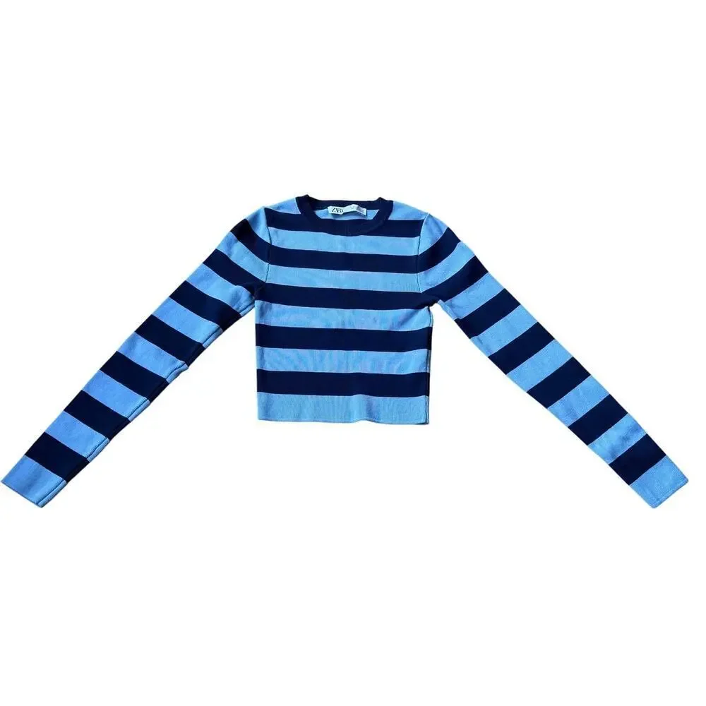 Zara Navy Blue Striped Ribbed Knit Long Sleeve Cropped Top Size S 90's Y2K